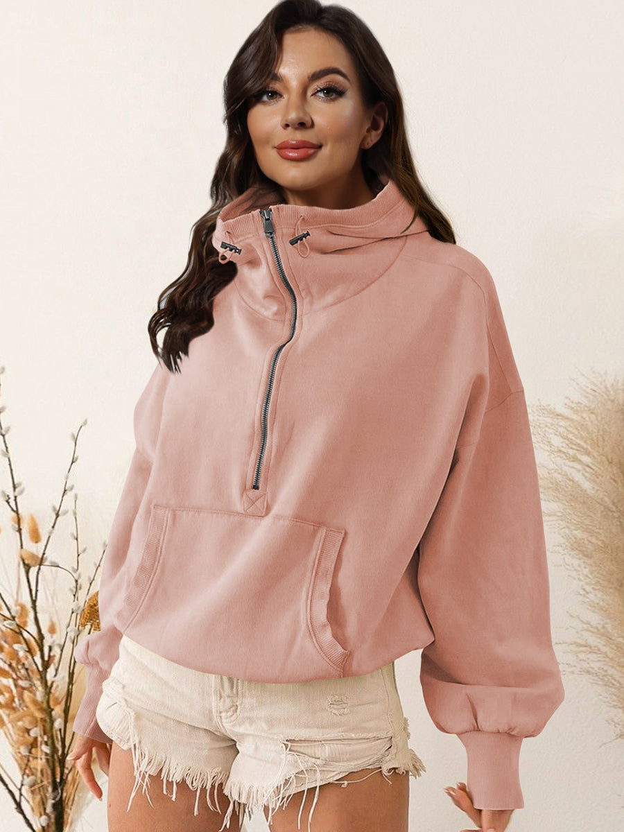 Zip-Up Dropped Shoulder Hoodie Watermelon pink