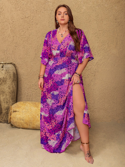 Plus Size Slit Printed Half Sleeve Maxi Dress Vivid Violet