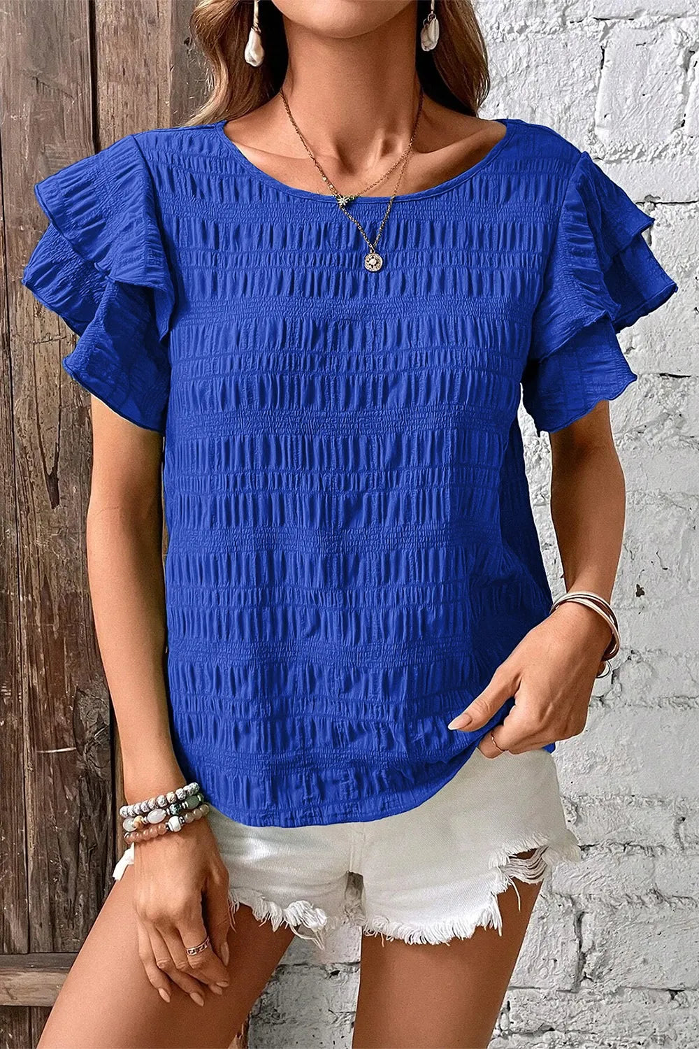 Round Neck Ruffle Sleeve Blouse