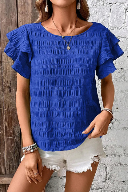 Round Neck Ruffle Sleeve Blouse