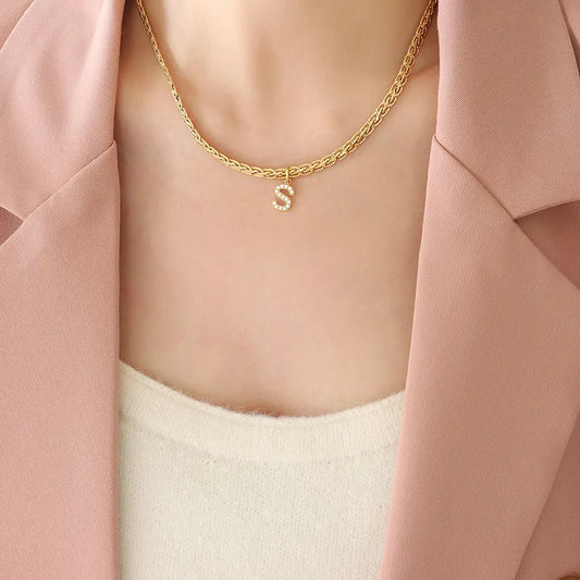 Brass Inlaid Zircon Letter Pendant Necklace Style S One Size