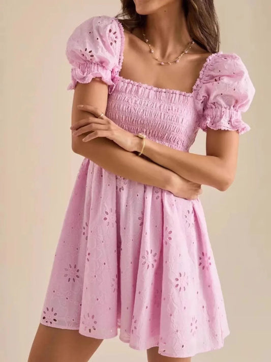 Eyelet Puff Sleeve Smocked Mini Dress Pink