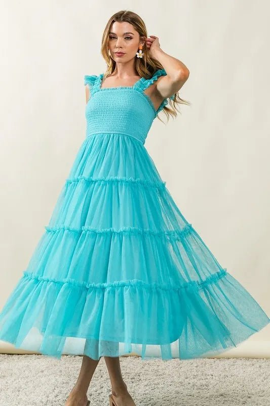 BiBi Frill Mesh Tiered Midi Dress Aqua