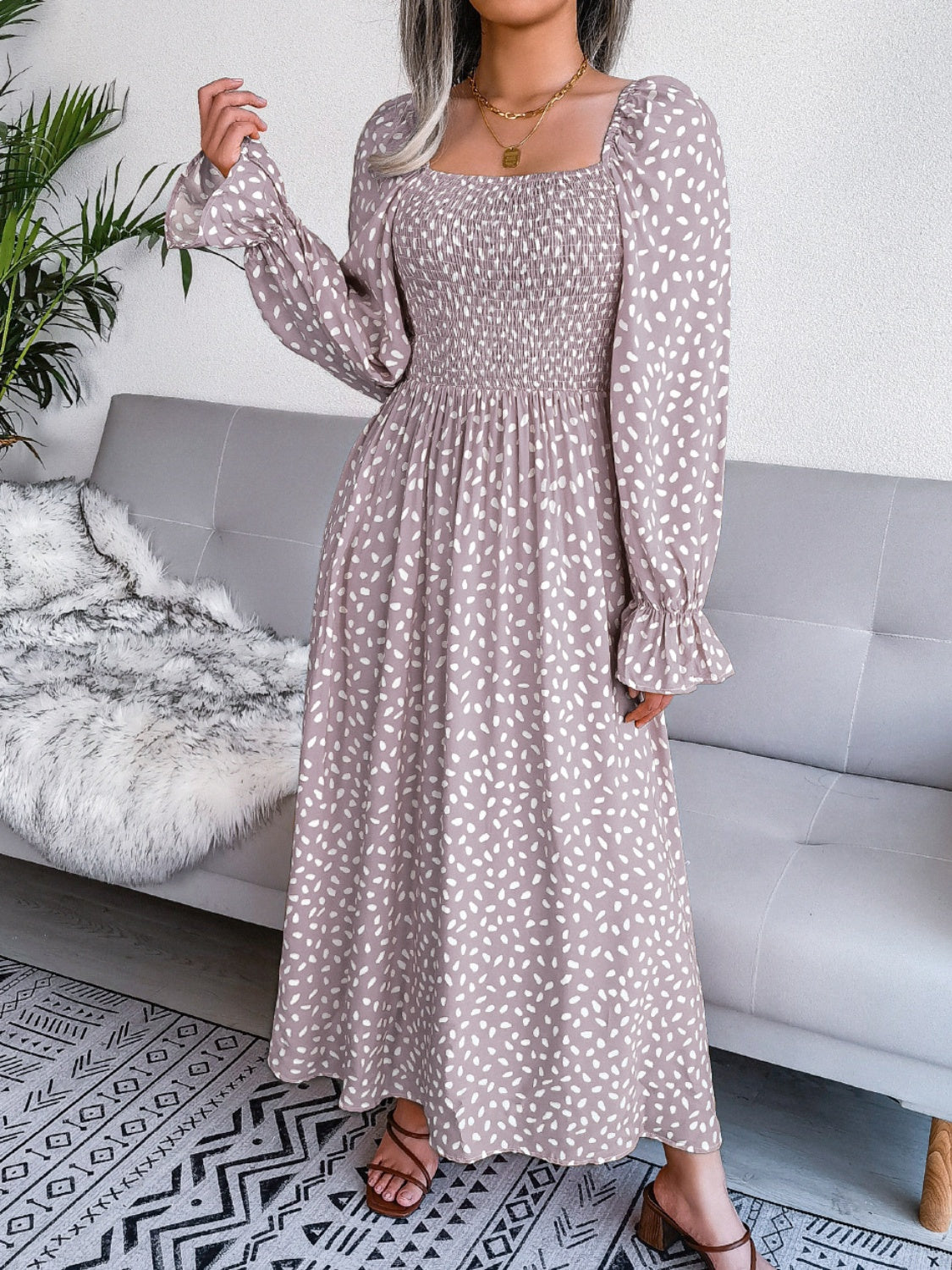 Smocked Square Neck Flounce Sleeve Dress Mocha