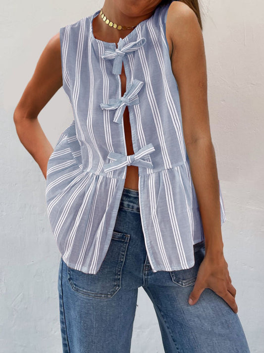 Tied Striped Round Neck Tank Light Blue