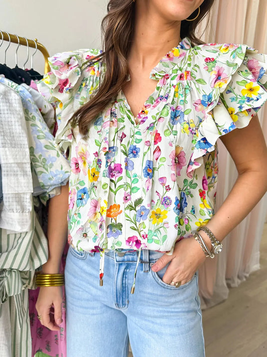 Floral Print Ruffle Layered Short Sleeve Blouse Floral
