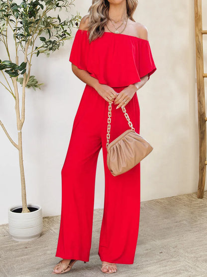 Ruffled Off-Shoulder Jumpsuit Red