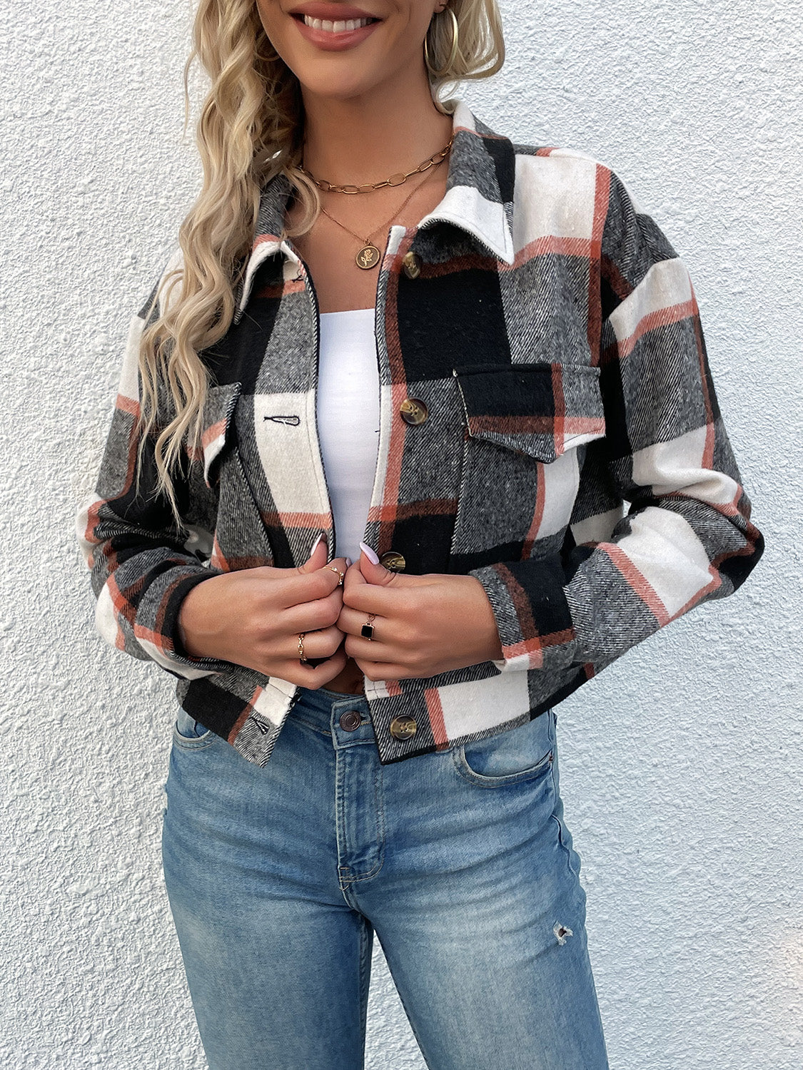Perfee Plaid Button Up Drop Shoulder Cropped Jacket Red