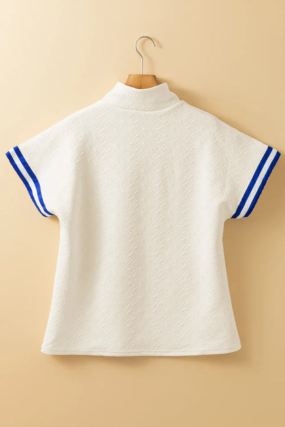 Striped Trim Textured Quarter Zipper Short Sleeve Top
