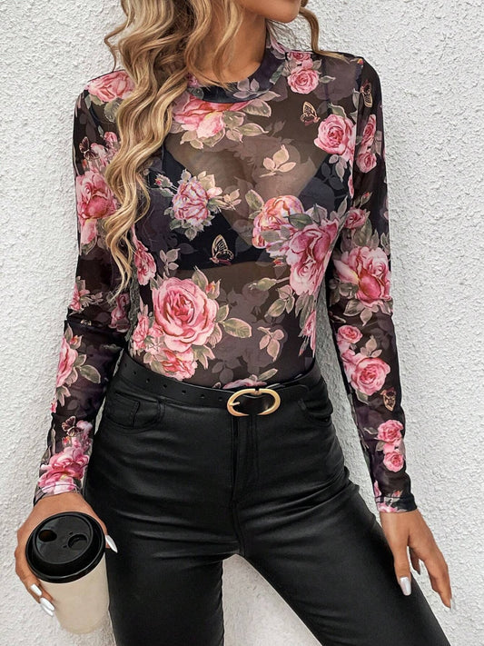 Mesh Floral Mock Neck Long Sleeve Top Black