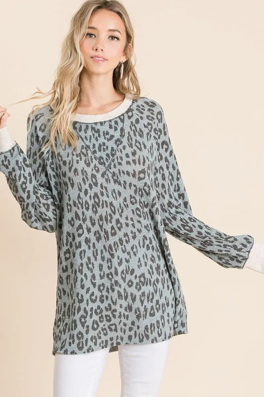 BiBi Leopard Hacci Round Neck Long Sleeve T-Shirt