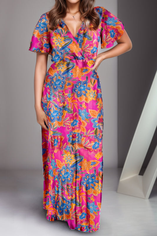 Printed Surplice Short Sleeve Maxi Dress Multicolor