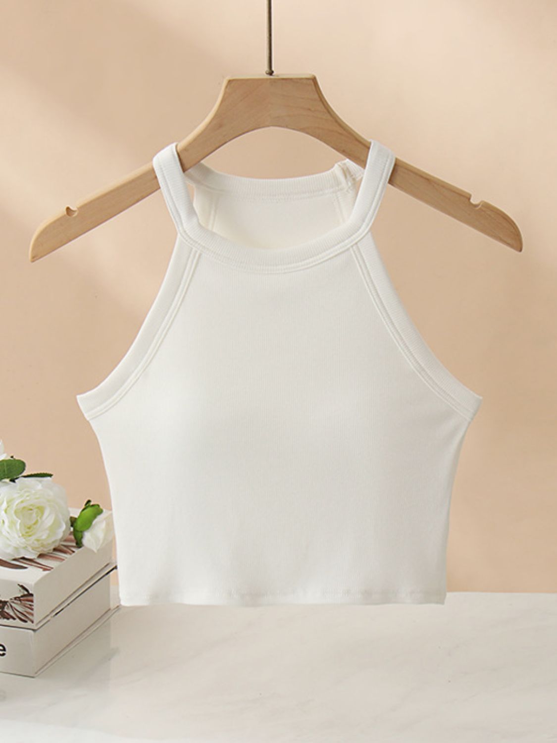 Ribbed Grecian Neck Cropped Tank with Chest Pads White