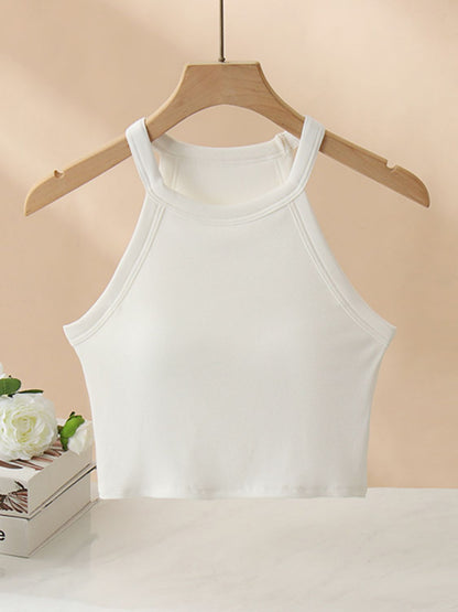 Ribbed Grecian Neck Cropped Tank with Chest Pads White