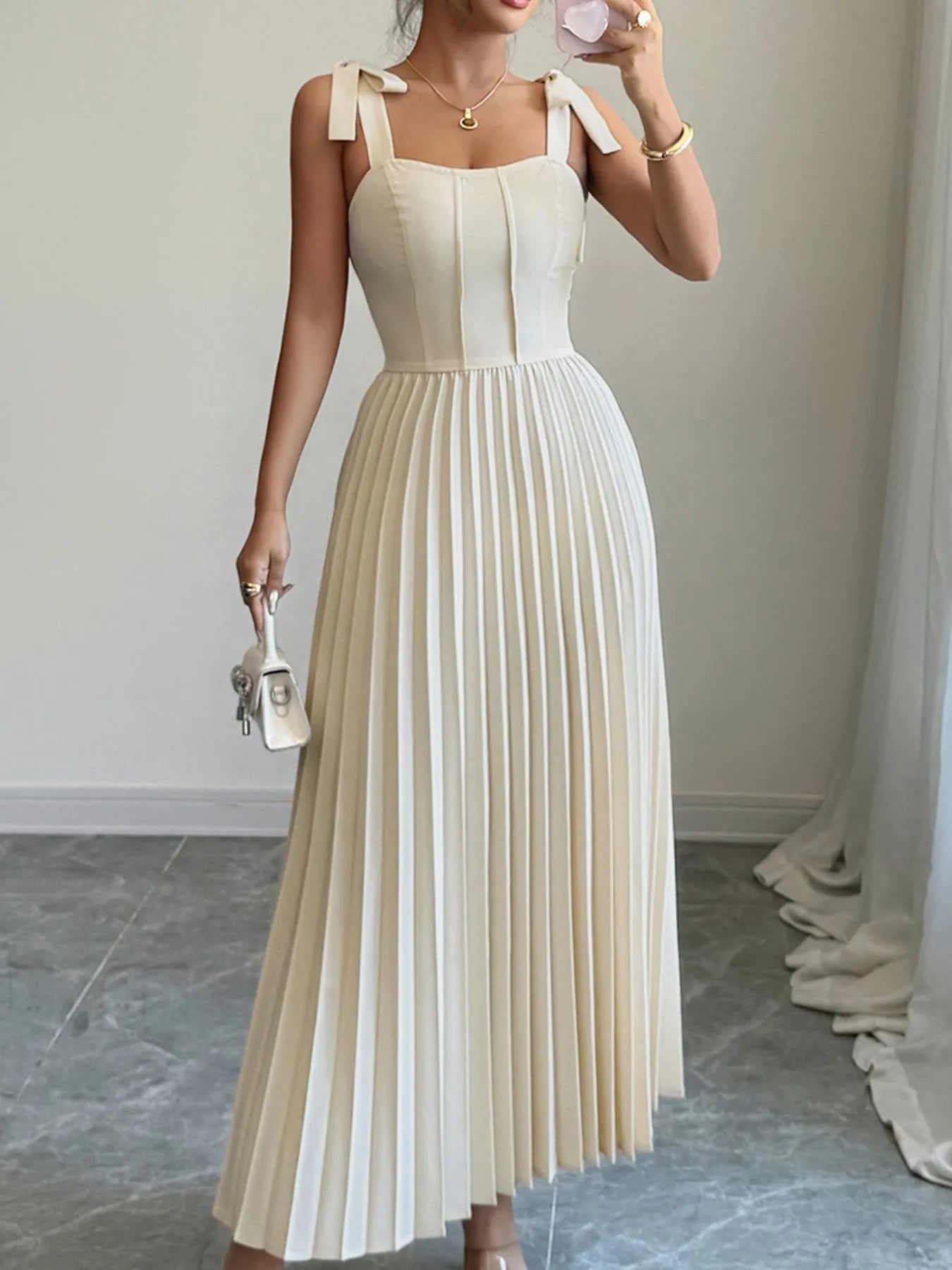 Pleated Tie-Shoulder Maxi Dress Ivory