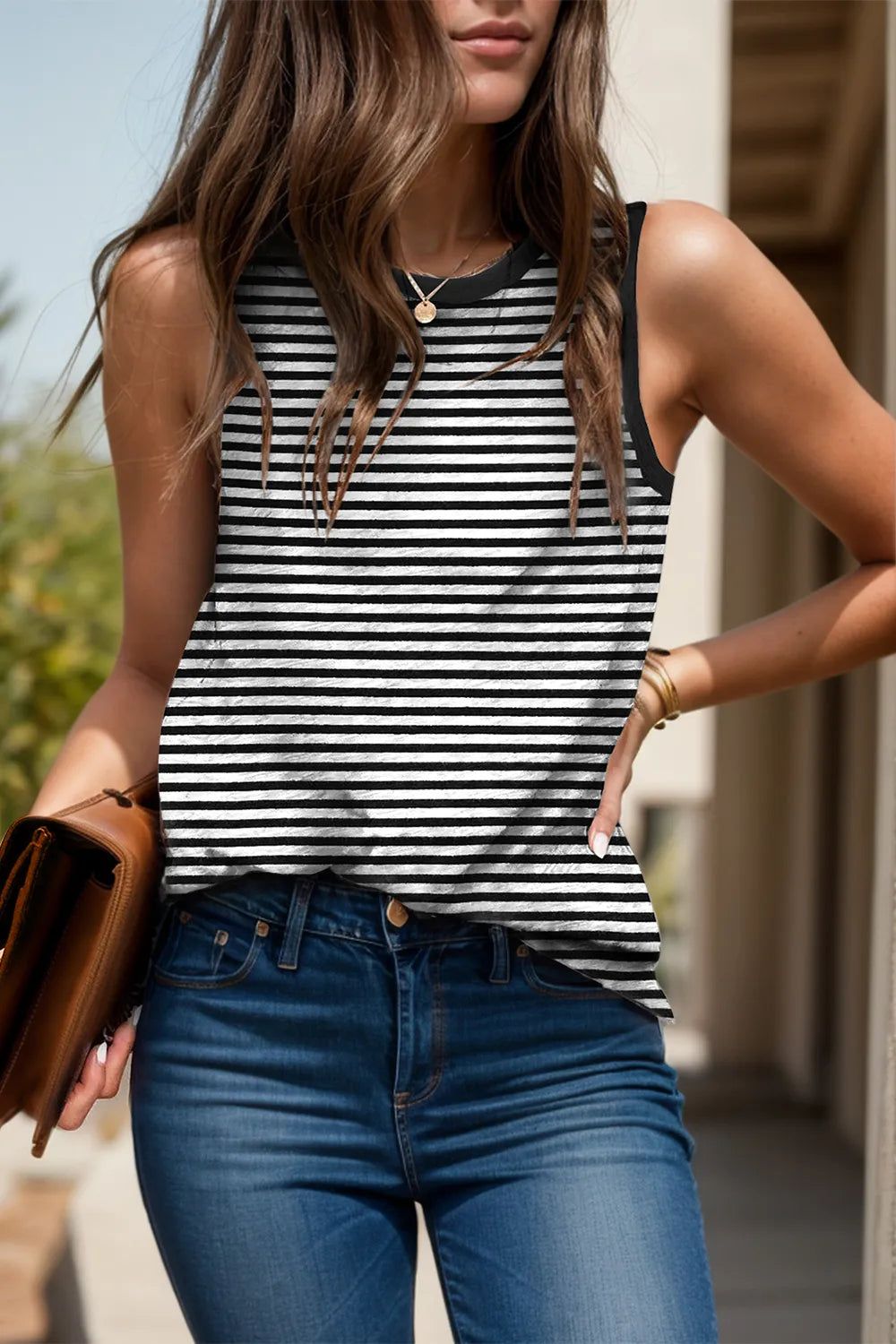 Printed Round Neck Tank Black