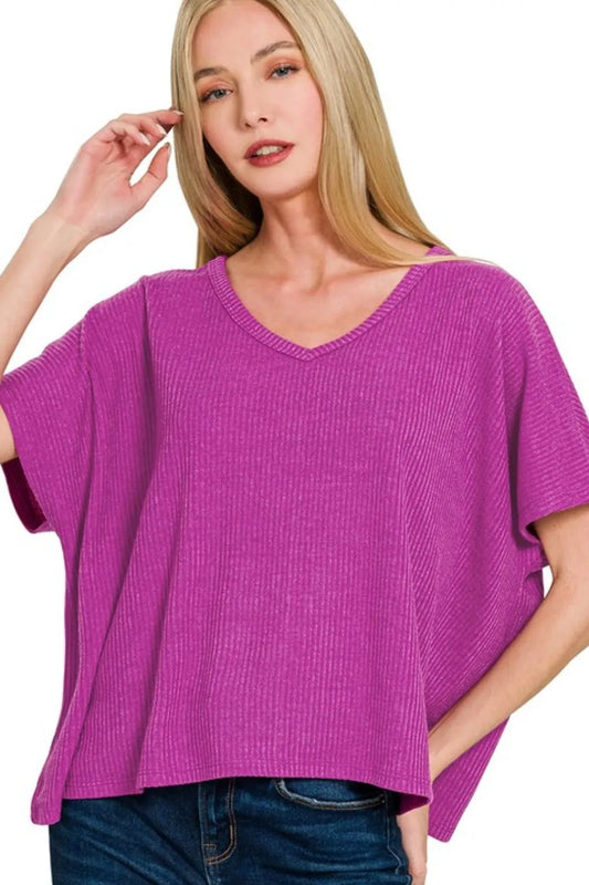 Zenana Ribbed V-Neck Short-Sleeve Knit Top LT PLUM