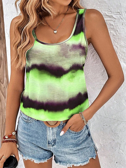 Tie-Dye Scoop Neck Wide Strap Tank Neon Green