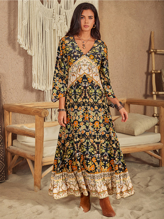 Floral V-Neck Midi Dress Multicolor
