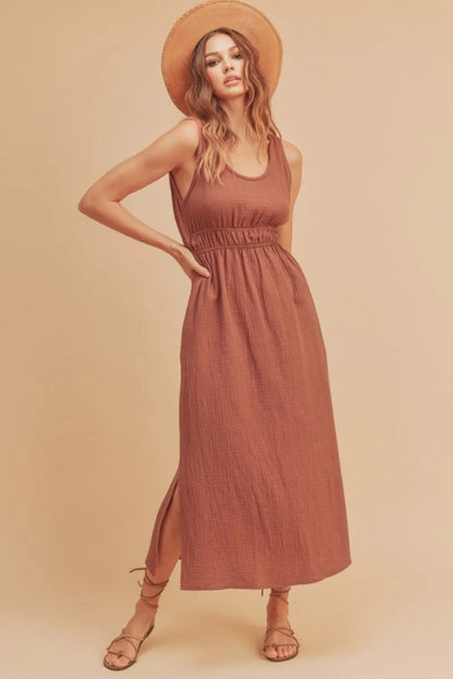 Aemi + Co Side Slit Round Neck Sleeveless Tank Dress Terracotta