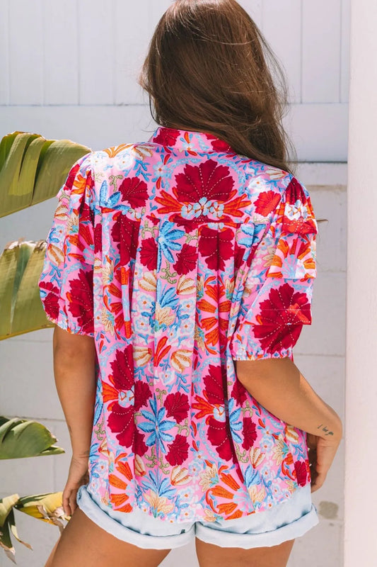 Floral Puff Sleeve Button-Up Top