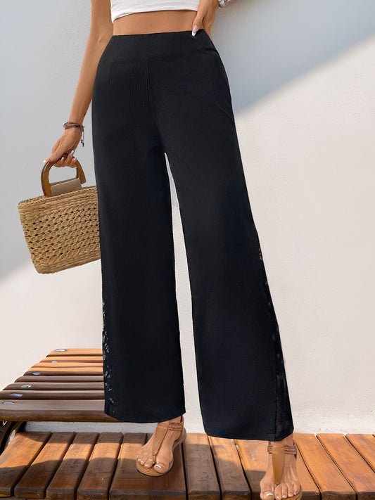 Perfee Lace Detail Wide Leg Pants Black