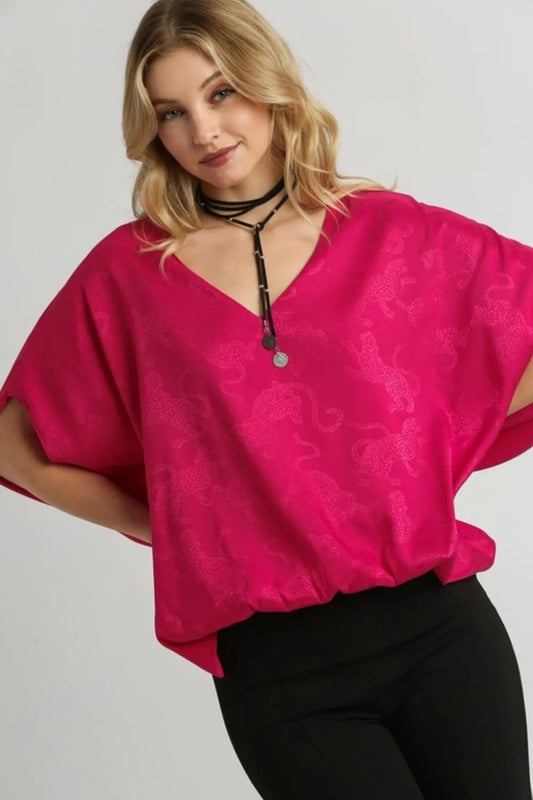 Umgee Full Size Satin Animal Print Jacquard Top Plus Size Deep Rose