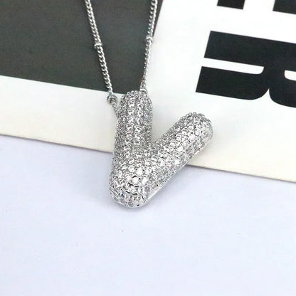 Copper Inlaid Zircon Letter Pendant Necklace Style V One Size