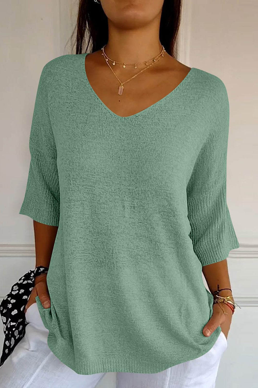 V-Neck Three-Quarter Sleeve Knit Top Gum Leaf One Size