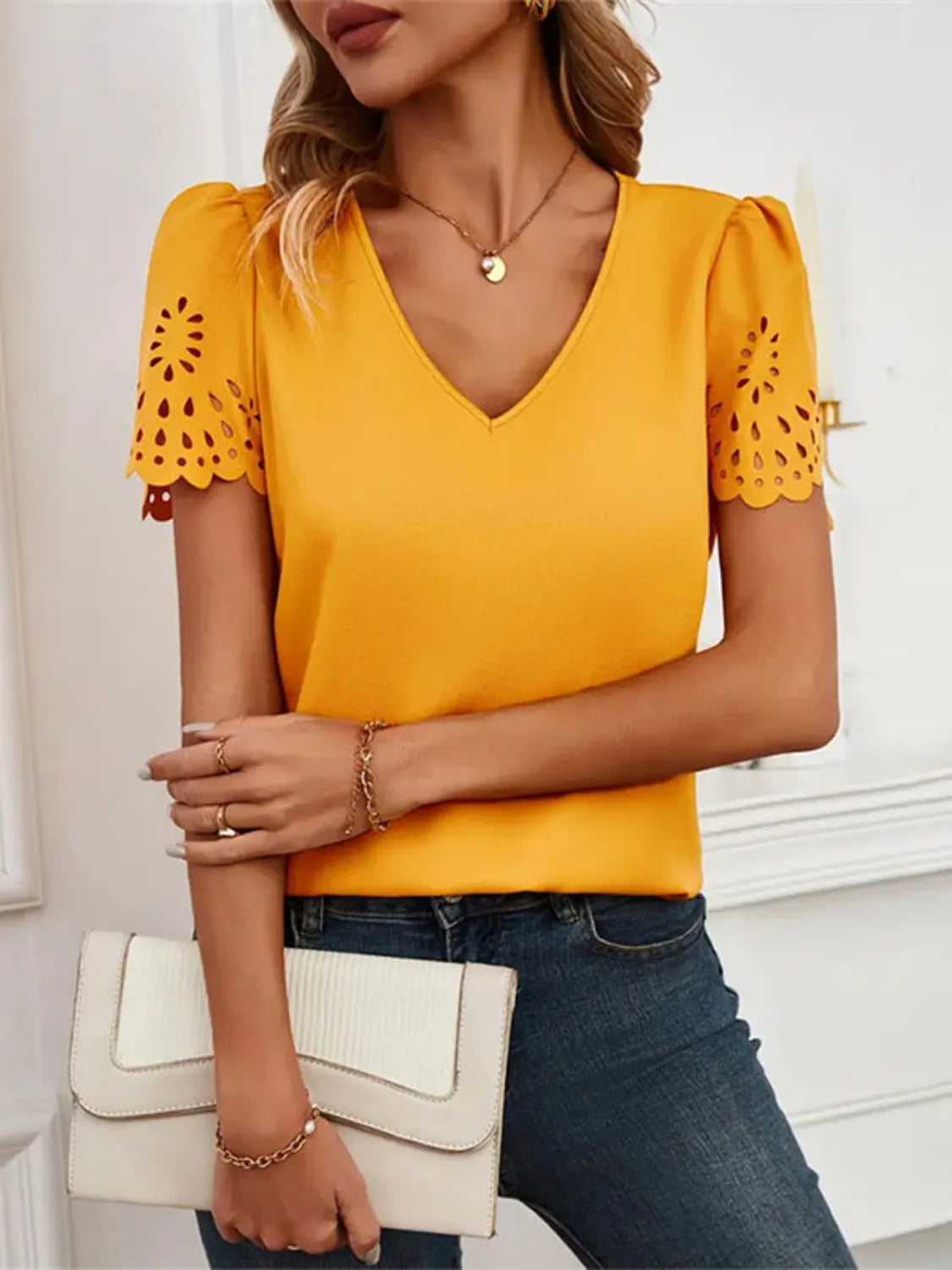 V-Neck Laser Cut Sleeve Blouse