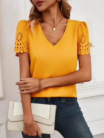 V-Neck Laser Cut Sleeve Blouse