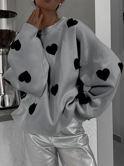 Valentine’s Day Heart Round Neck Long Sleeve Sweater Gray