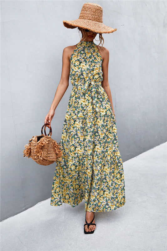 Printed Sleeveless Tie Waist Maxi Dress Yellow Floral