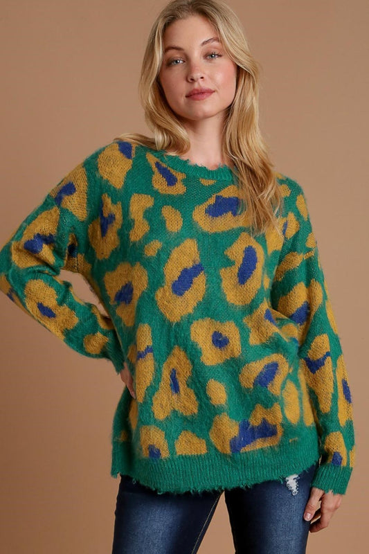 Umgee Full Size Leopard Destroyed Rib Band Sweater Plus Size Green