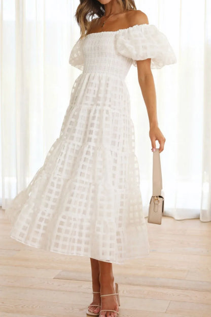 Off Shoulder Short Puff Sleeve Midi Dress White