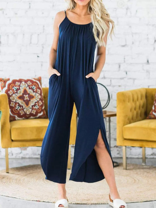 Slit Spaghetti Strap Jumpsuit with Pockets Dark Blue