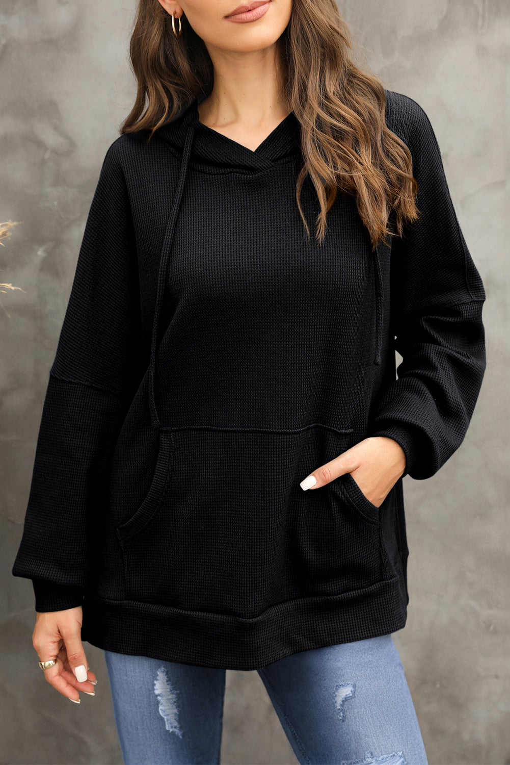 Waffle-Knit Long Sleeve Hoodie Black