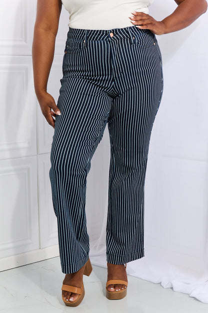 Judy Blue Cassidy Full Size High Waisted Tummy Control Striped Straight Jeans Deep Teal