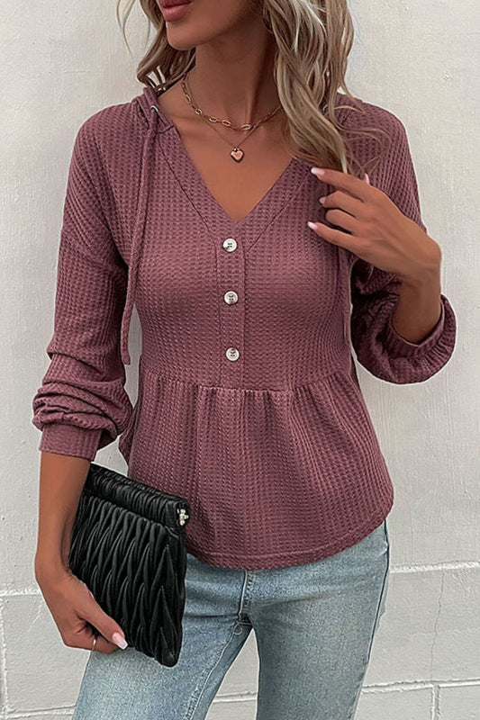 Perfee Waffle-Knit Buttoned Drop Shoulder Hoodie Plum