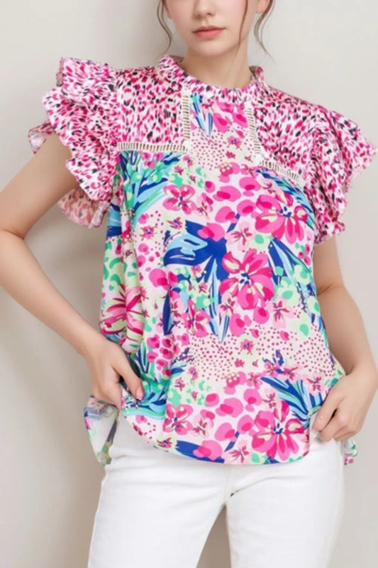 Floral Mixed Print Ruffle Cap Sleeve Blouse