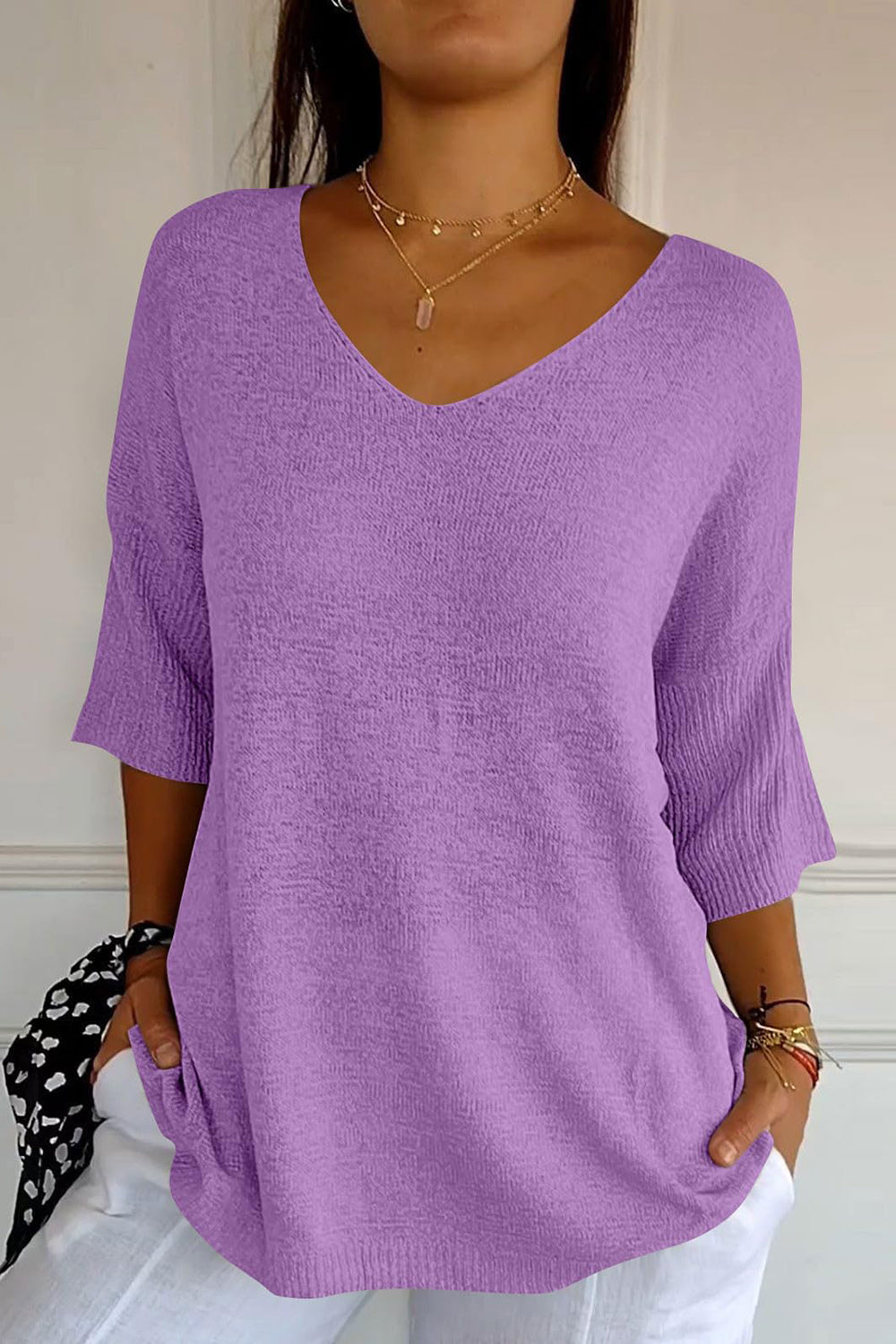 V-Neck Three-Quarter Sleeve Knit Top Lavender One Size