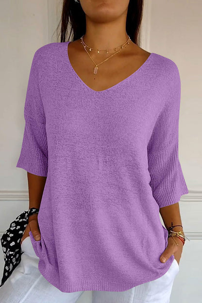 V-Neck Three-Quarter Sleeve Knit Top Lavender One Size
