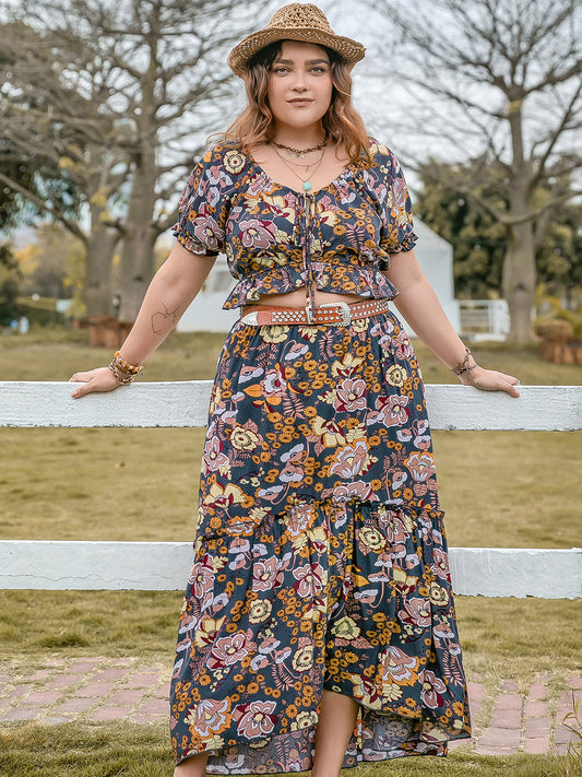 Plus Size Tie Neck Short Sleeve Top and Skirt Set Multicolor