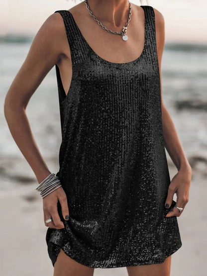Sequin Scoop Neck Mini Dress Black