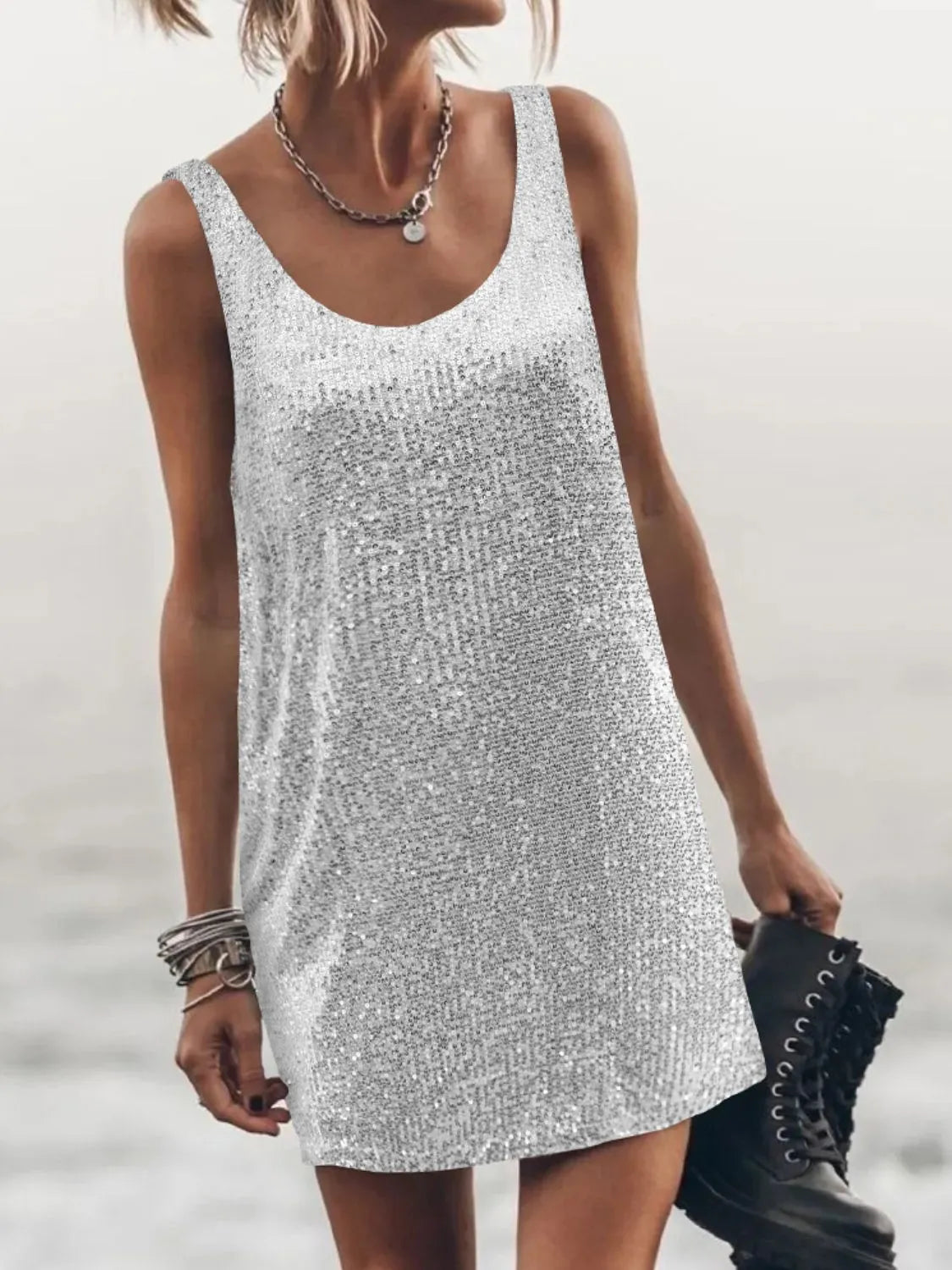 Sequin Scoop Neck Mini Dress