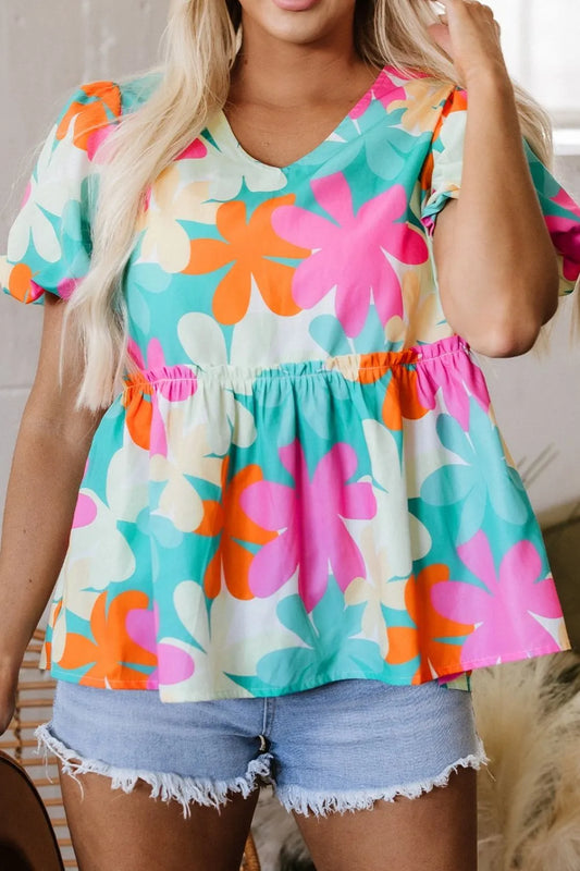 Floral Print Bubble Sleeve V Neck Peplum Blouse Floral