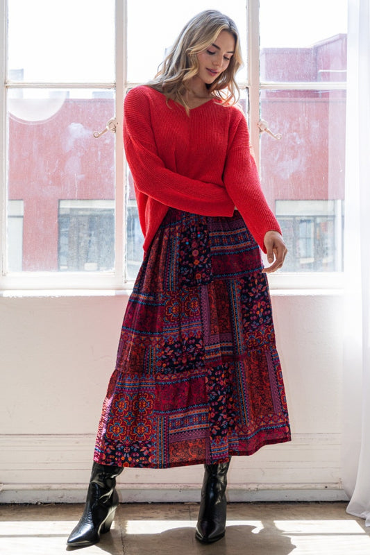 ODDI Full Size Printed Tiered Maxi Skirt Red