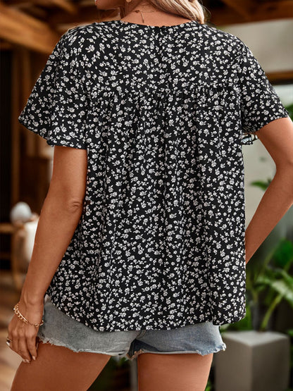 Perfee Lace Detail Floral Round Neck Short Sleeve Blouse