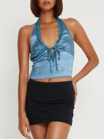 Lace Detail Halter Neck Tank Light Blue