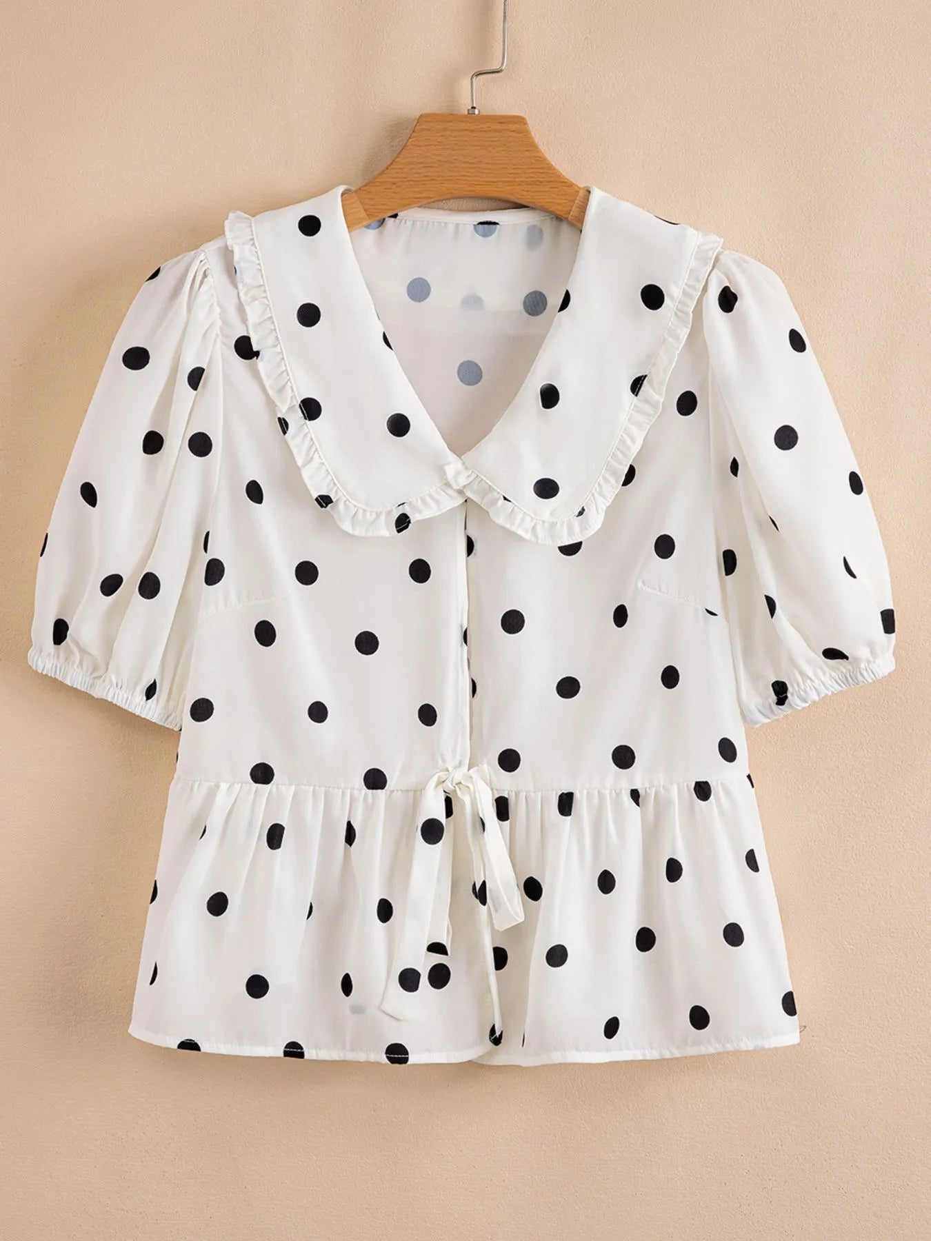 Polka Dot Collared Puff Sleeve Peplum Top